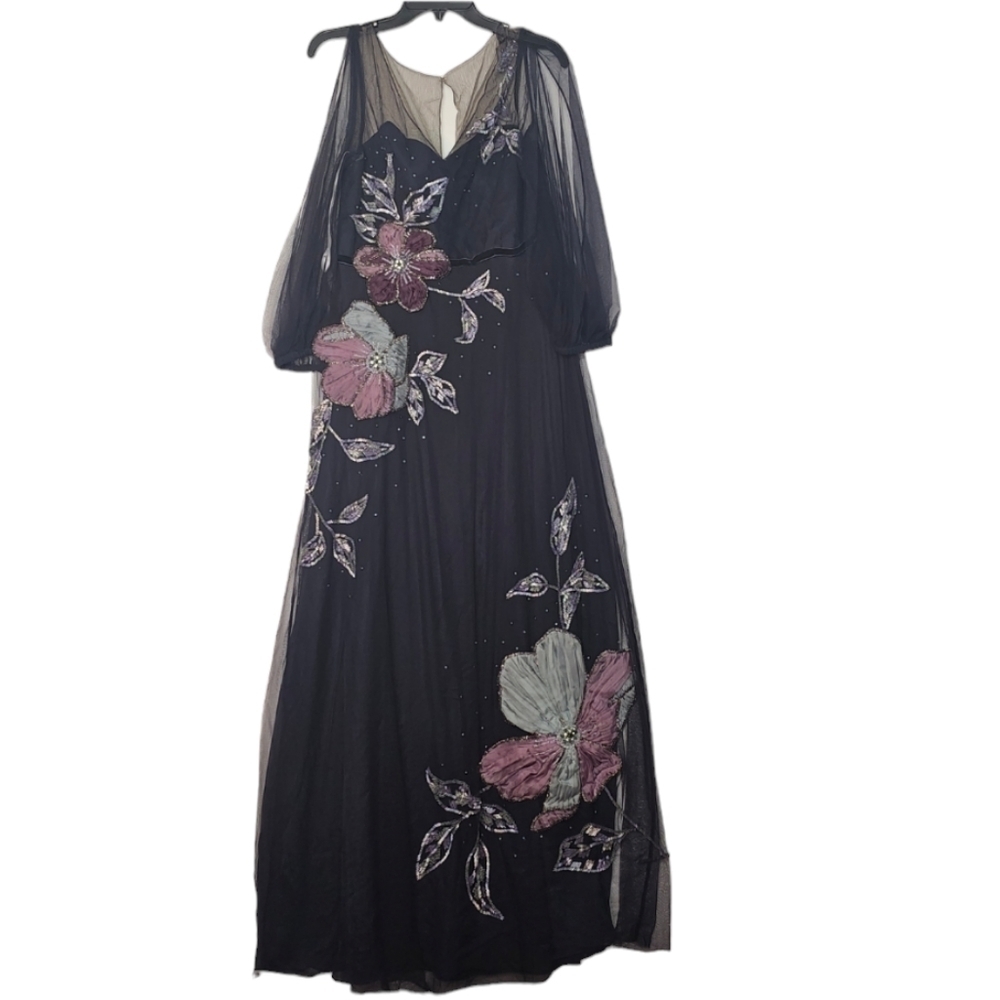 NWT Marchesa Notte Sheer Puff Sleeve Gown – Wedding Guest / Black Tie Formal - Picture 4 of 11